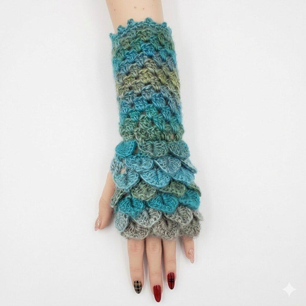 Handmade Crochet Fingerless Dragonscale Gloves - Picture 1 of 4